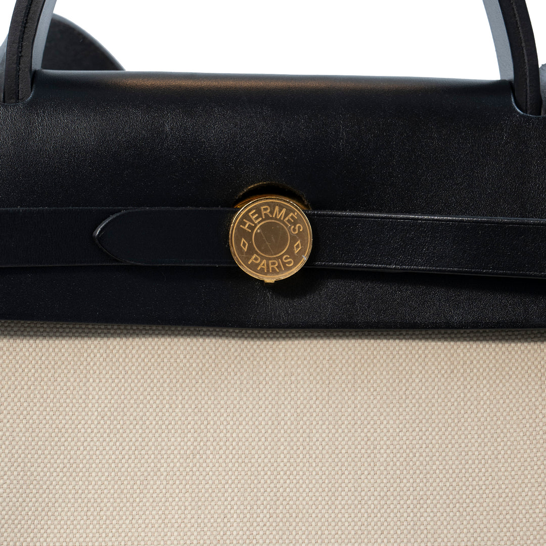 Hermès Herbag Zip 31 Retourne Bag in Béton Canvas with Noir Veau Bétis Leather Trim and Gold Hardware