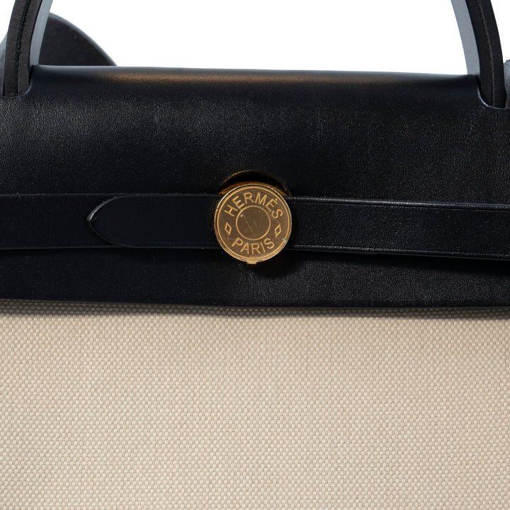 Hermès Herbag Zip 31 Retourne Bag in Béton Canvas with Noir Veau Bétis Leather Trim and Gold Hardware