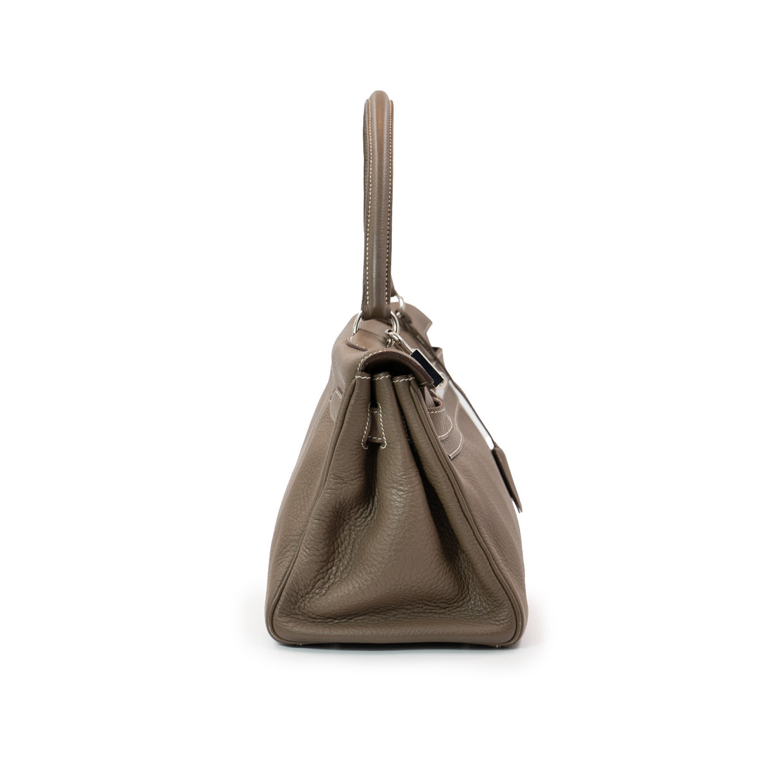Hermès Kelly Shoulder Bag in Etoupe Taurillon Clemence Leather with Palladium Hardware