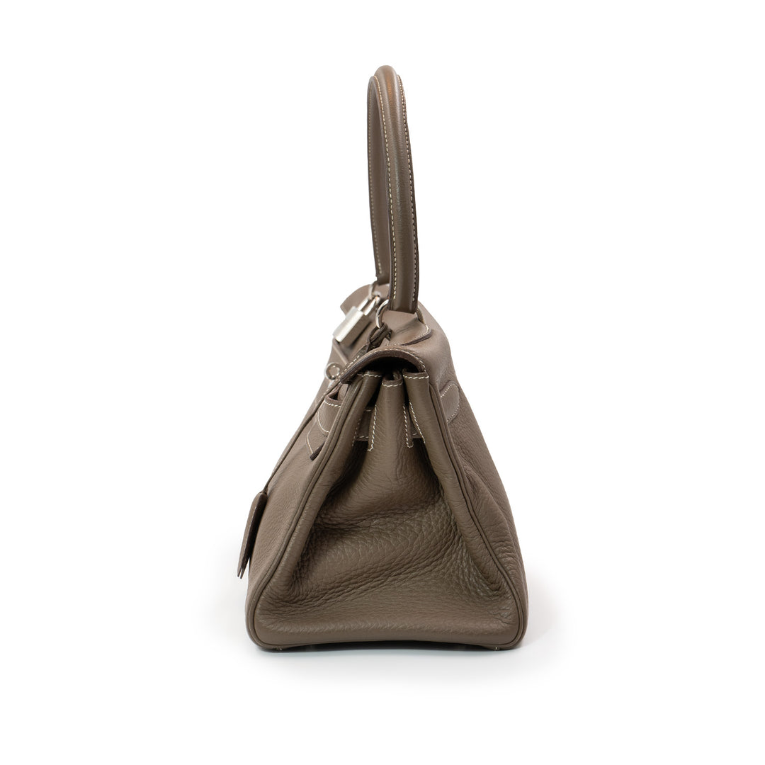 Hermès Kelly Shoulder Bag in Etoupe Taurillon Clemence Leather with Palladium Hardware
