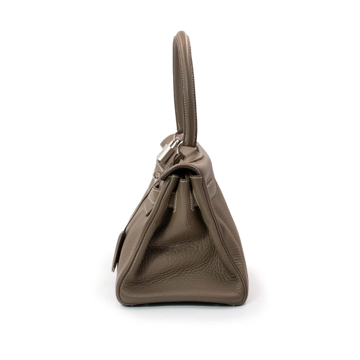 Hermès Kelly Shoulder Bag in Etoupe Taurillon Clemence Leather with Palladium Hardware