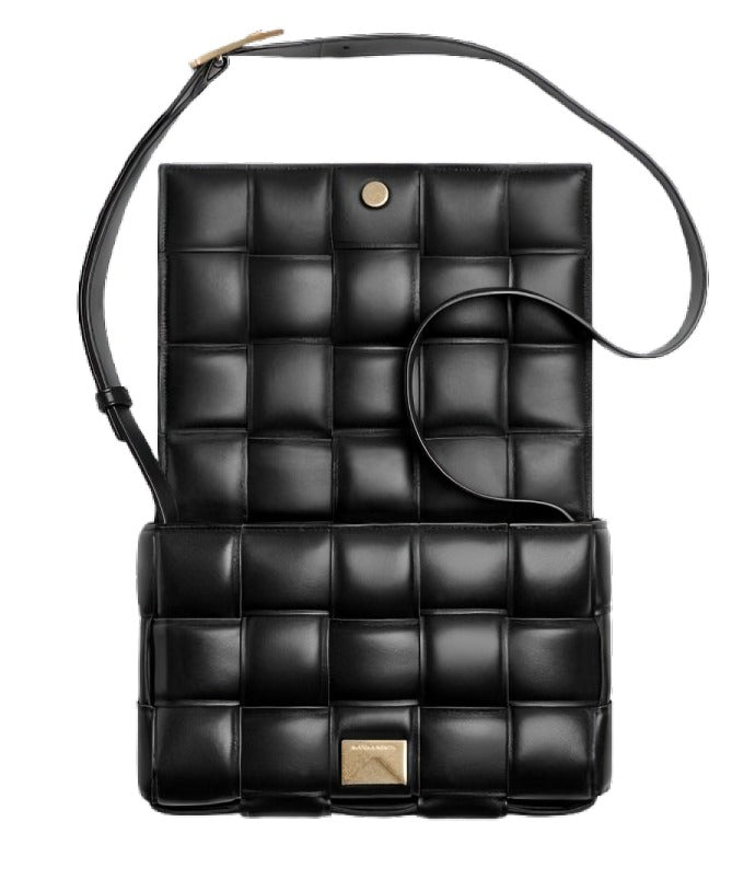 Bottega Veneta Black Padded Cassette Bag in Intreccio Nappa Leather with Gold Hardware