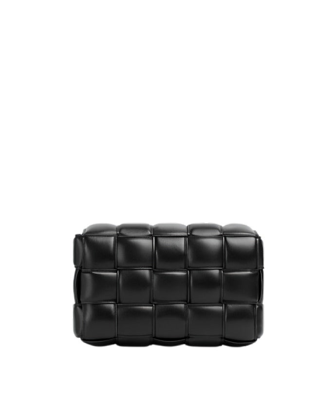 Bottega Veneta Black Padded Cassette Bag in Intreccio Nappa Leather with Gold Hardware