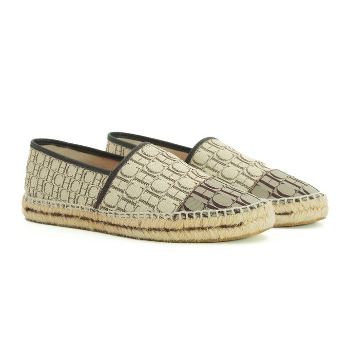 CH Carolina Herrera Beige/Brown Monogram Canvas and Leather Espadrille Flats