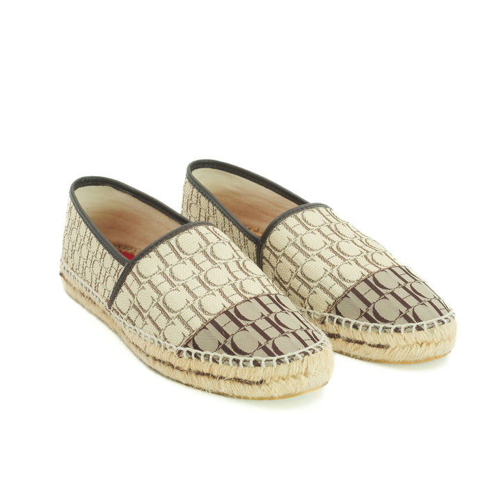 CH Carolina Herrera Beige/Brown Monogram Canvas and Leather Espadrille Flats