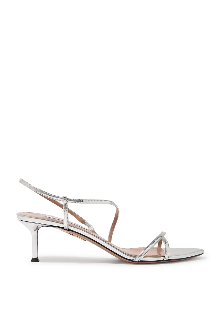 Aquazzura Tease 50 Sandals in Silver Metallic Leather