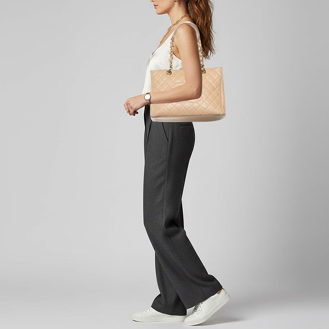 CHANEL Grand Shopping Tote (GST) in Beige Quilted Caviar Leather with Gold Tone Hardware