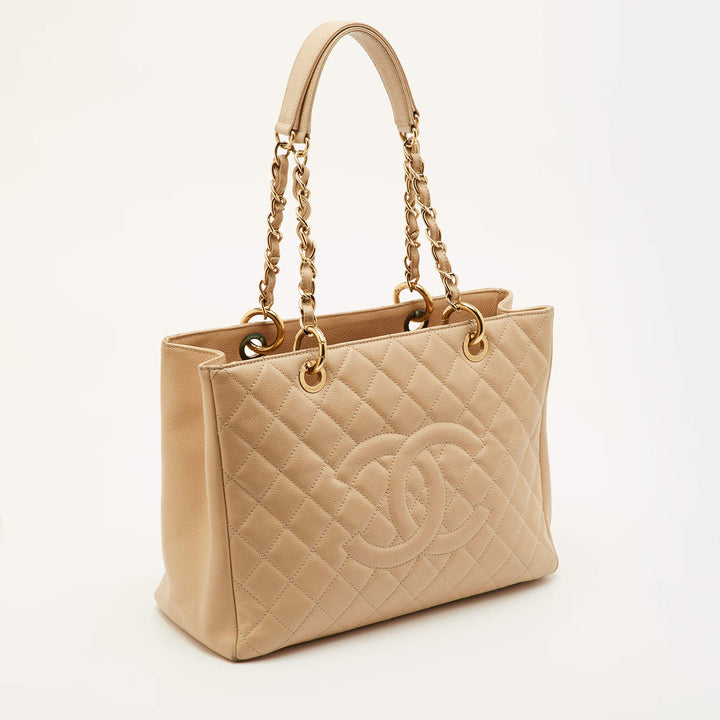 CHANEL Grand Shopping Tote (GST) in Beige Quilted Caviar Leather with Gold Tone Hardware
