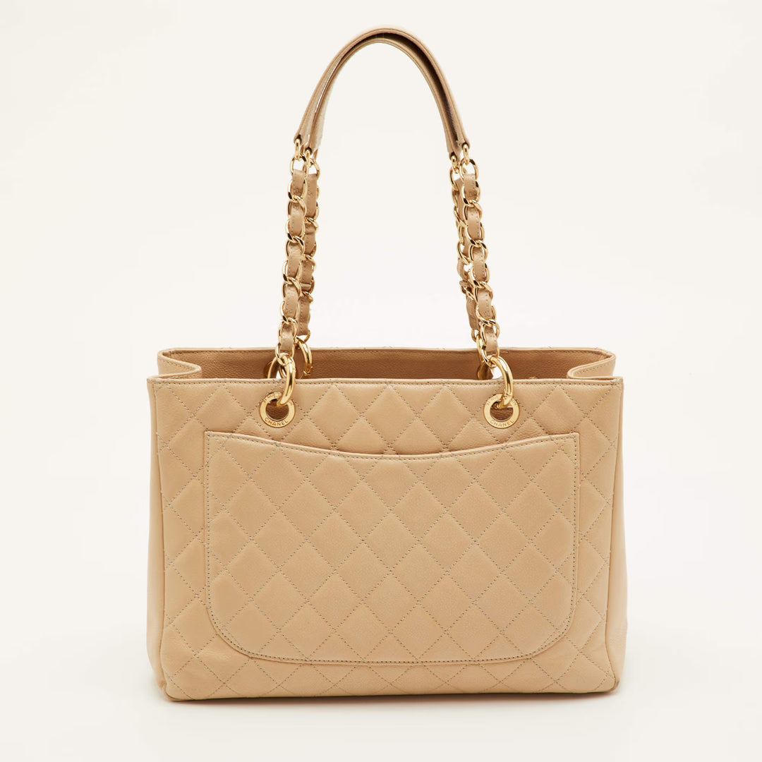 CHANEL Grand Shopping Tote (GST) in Beige Quilted Caviar Leather with Gold Tone Hardware