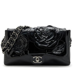 CHANEL Camellia Jumbo Classic Single Flap Bag in Black Patent Leather with Gunmetal Hardware