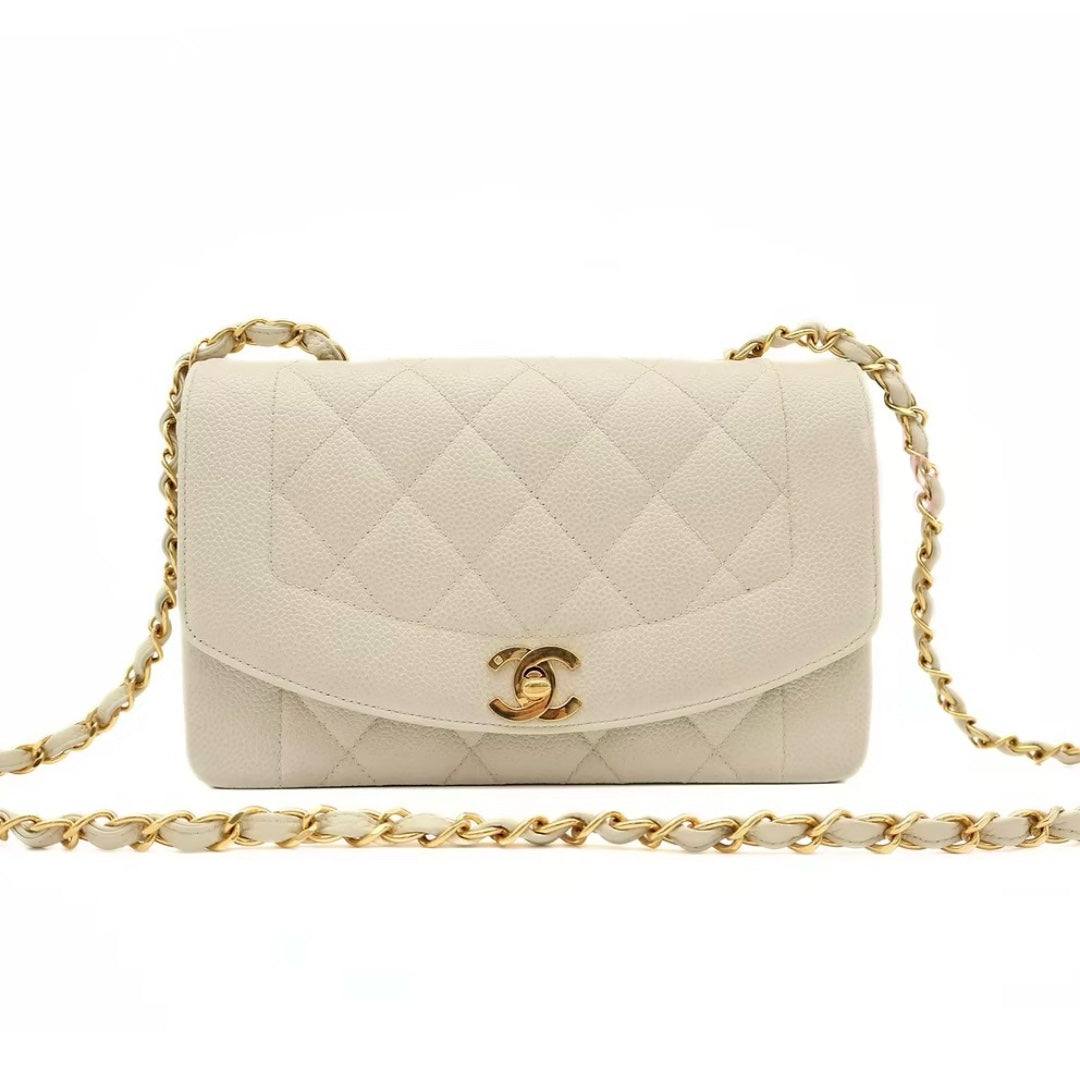 Chanel Vintage Small Diana Flap Bag in Ivory Quilted Caviar Leather with Gold Hardware - Gemaee  UAE