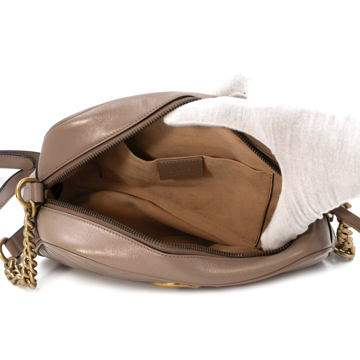 Gucci GG Marmont Matelasse Camera Bag in Dusty Pink Calfskin Leather with Aged Gold Hardware