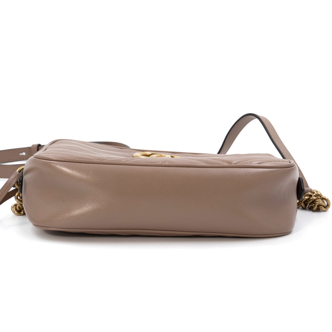 Gucci GG Marmont Matelasse Camera Bag in Dusty Pink Calfskin Leather with Aged Gold Hardware