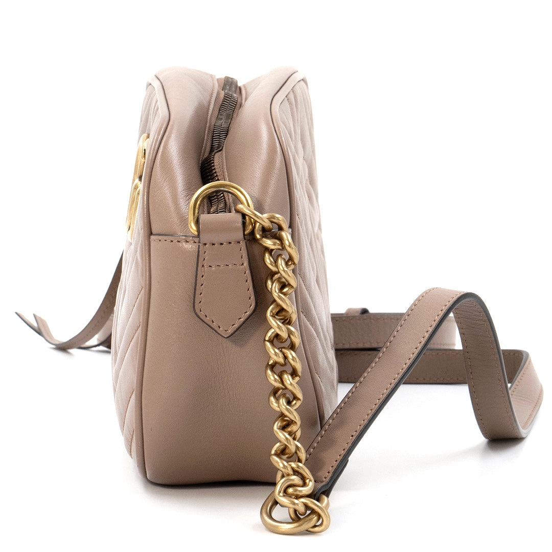 Gucci GG Marmont Matelasse Camera Bag in Dusty Pink Calfskin Leather with Aged Gold Hardware