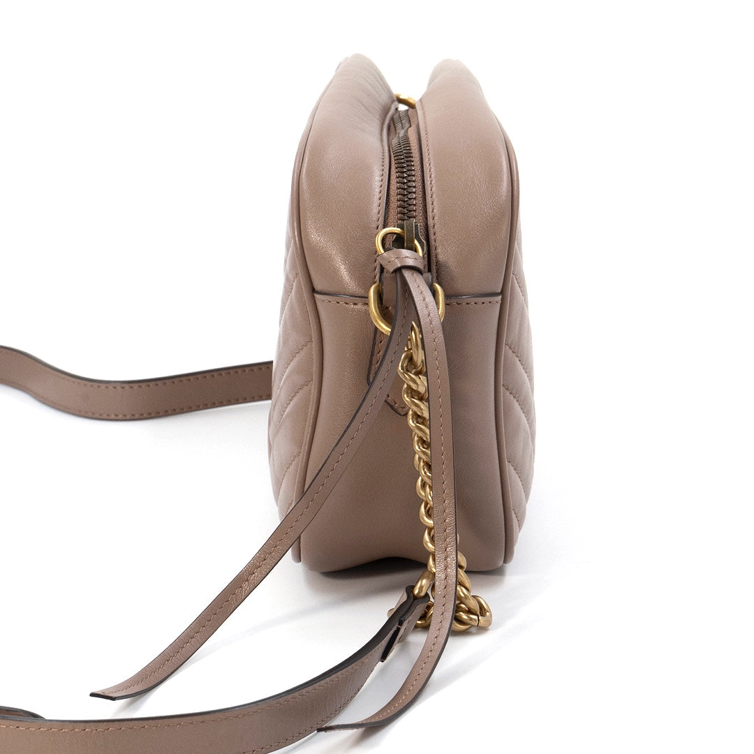 Gucci GG Marmont Matelasse Camera Bag in Dusty Pink Calfskin Leather with Aged Gold Hardware