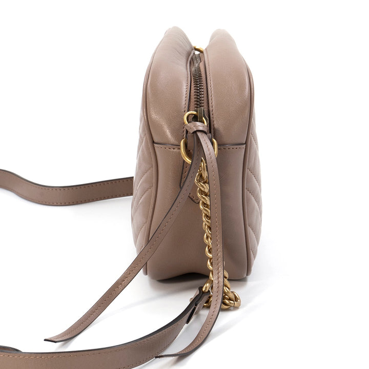 Gucci GG Marmont Matelasse Camera Bag in Dusty Pink Calfskin Leather with Aged Gold Hardware