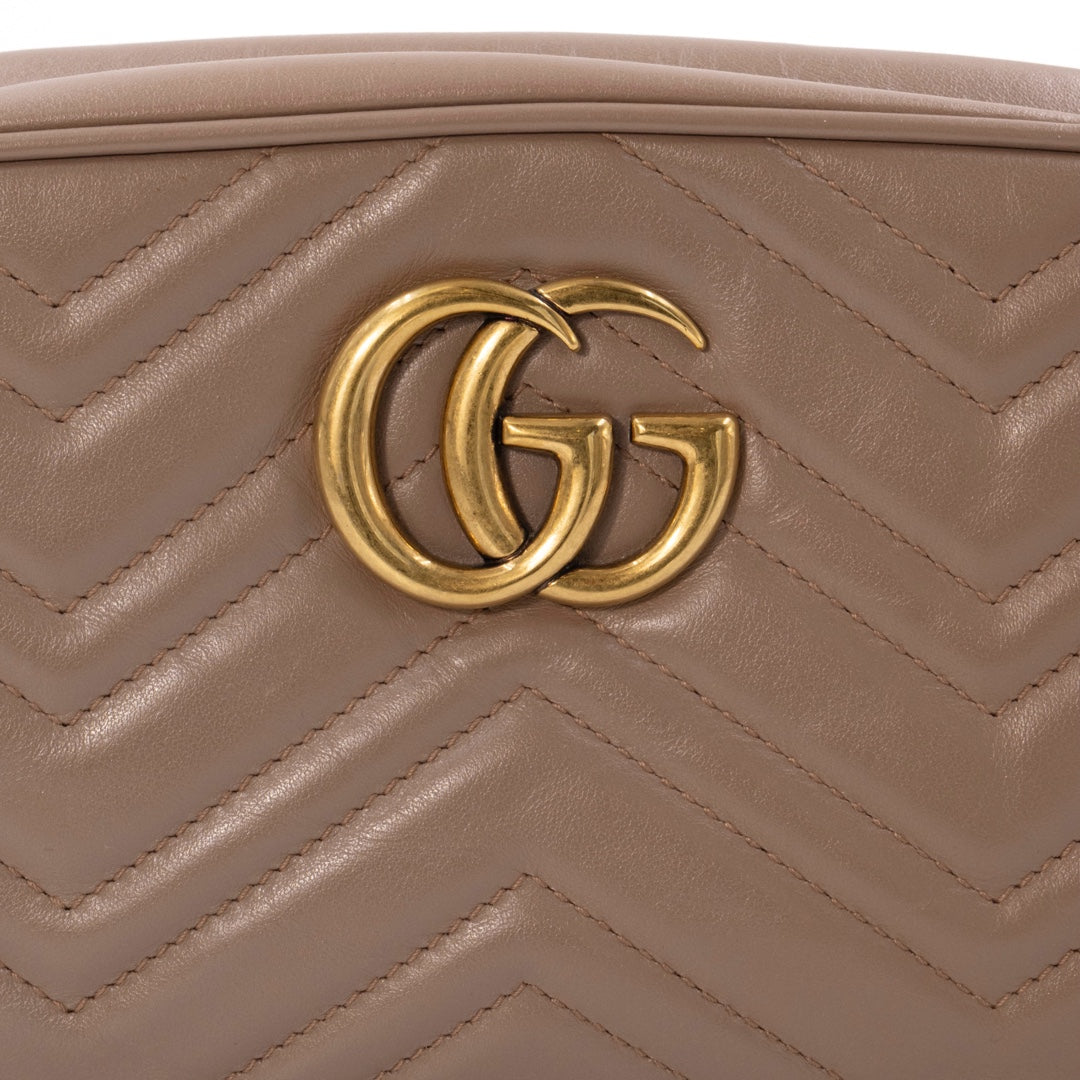 Gucci GG Marmont Matelasse Camera Bag in Dusty Pink Calfskin Leather with Aged Gold Hardware