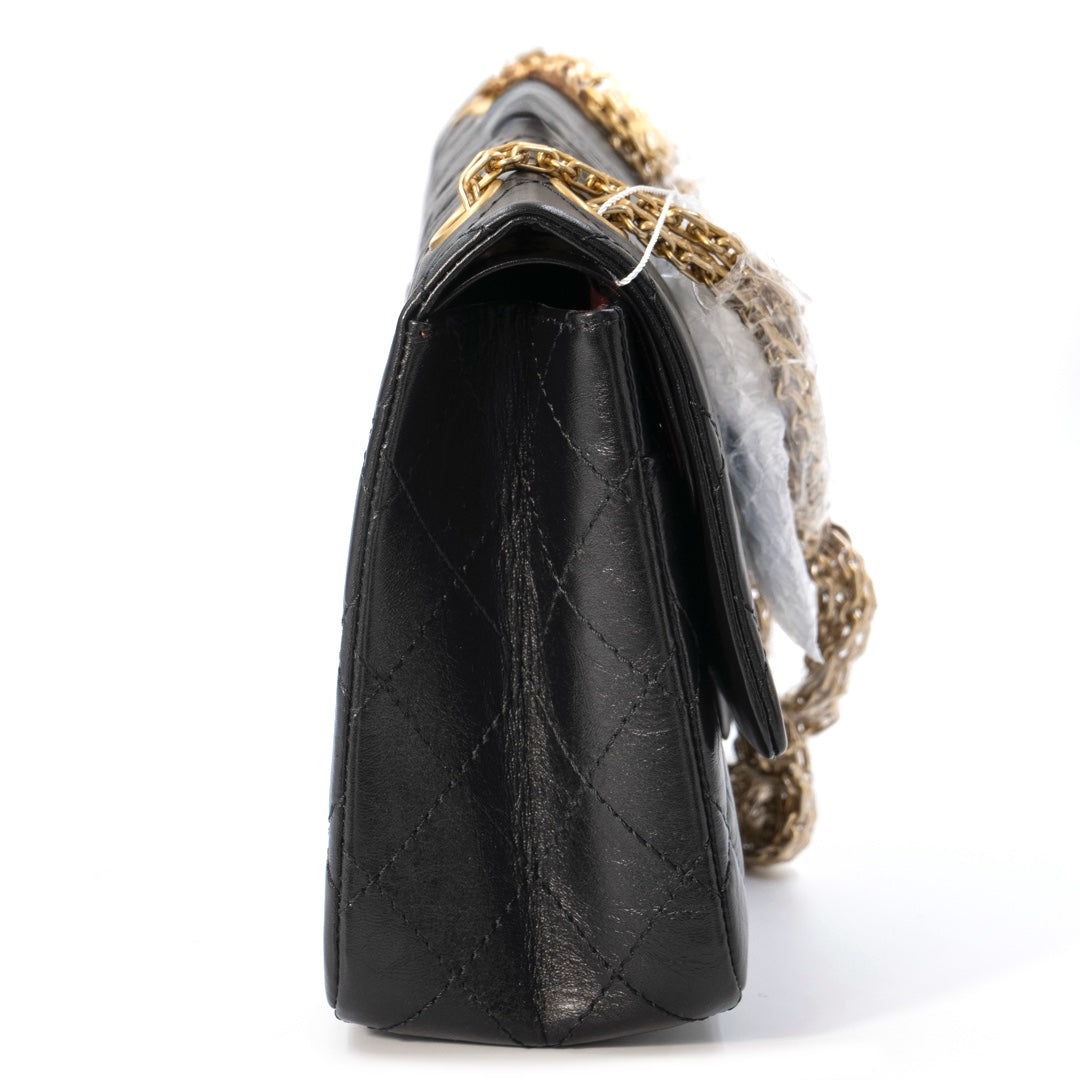 Chanel 2.55 Handbag in Black Aged Calfskin with Gold Tone Metal Hardware