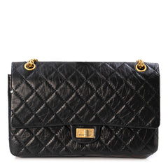Chanel 2.55 Handbag in Black Aged Calfskin with Gold Tone Metal Hardware
