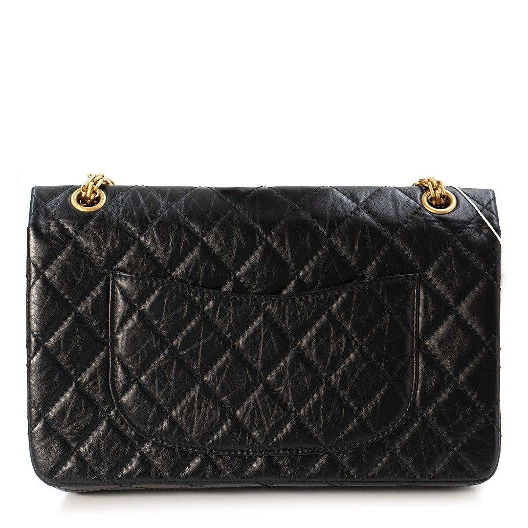 Chanel 2.55 Handbag in Black Aged Calfskin with Gold Tone Metal Hardware