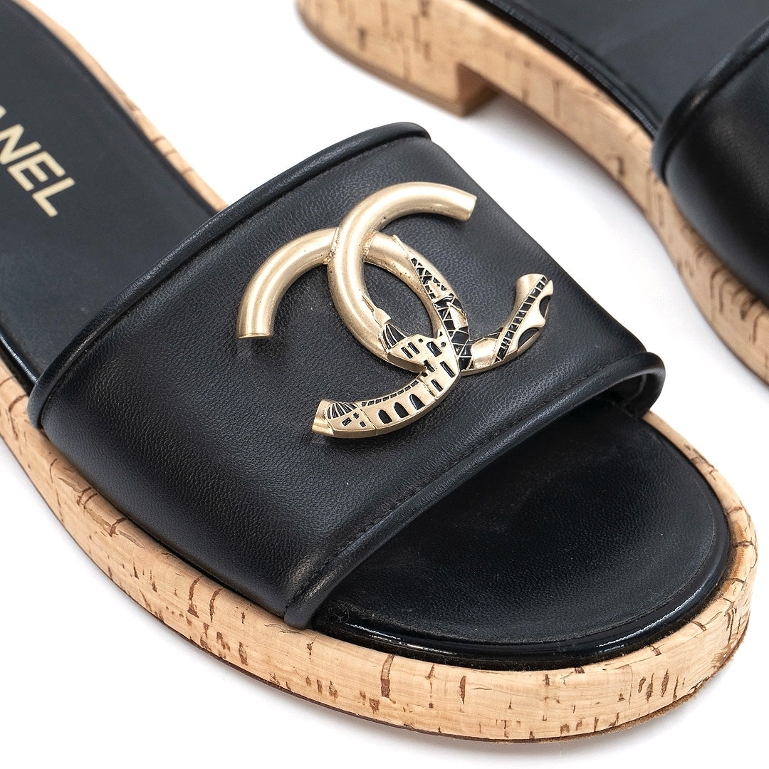 Chanel Black Lambskin Cork Mules with Gold CC Logo