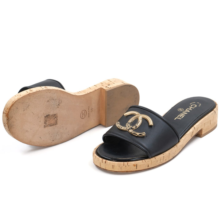 Chanel Black Lambskin Cork Mules with Gold CC Logo