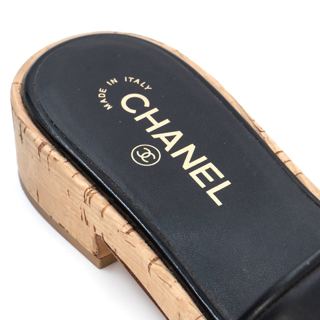 Chanel Black Lambskin Cork Mules with Gold CC Logo