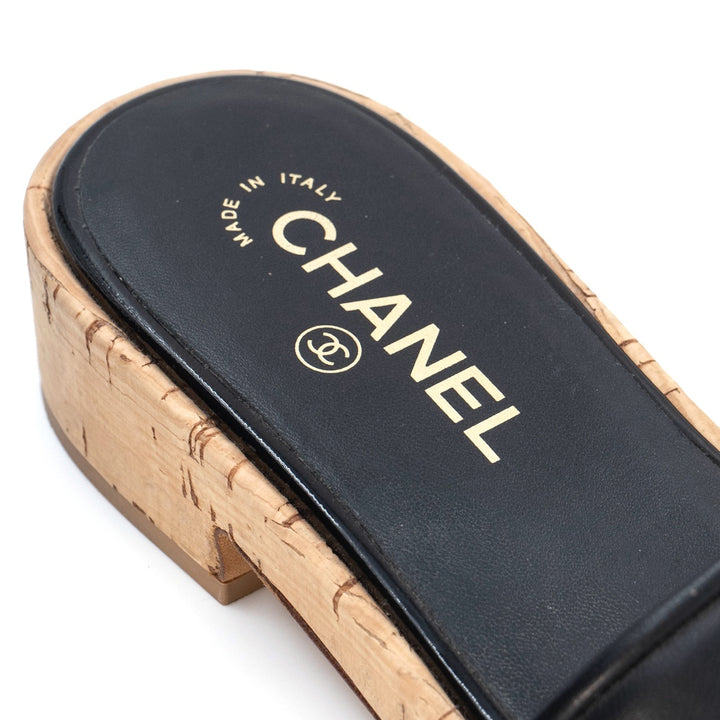Chanel Black Lambskin Cork Mules with Gold CC Logo