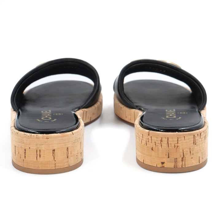 Chanel Black Lambskin Cork Mules with Gold CC Logo