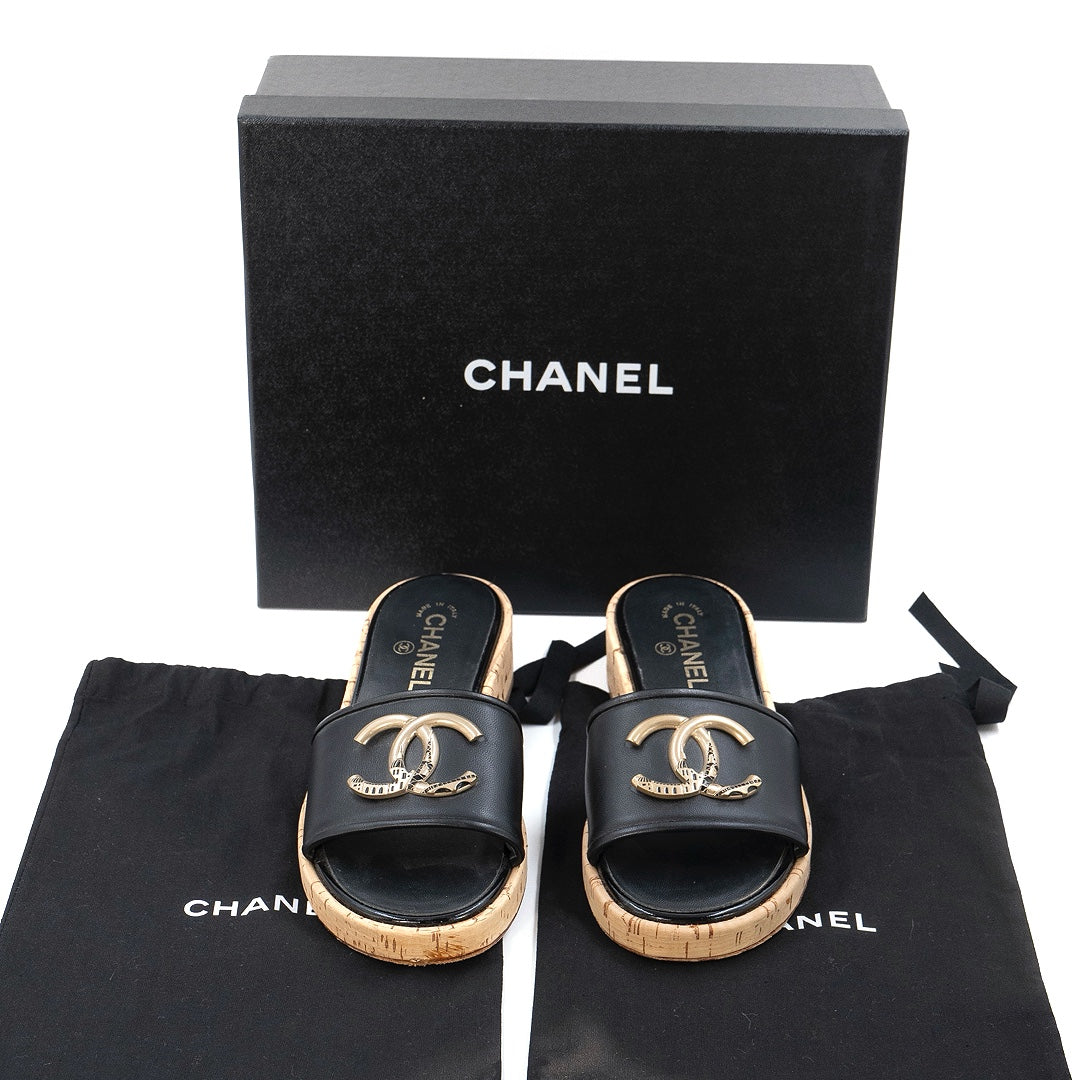 Chanel Black Lambskin Cork Mules with Gold CC Logo
