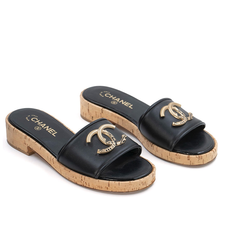 Chanel Black Lambskin Cork Mules with Gold CC Logo