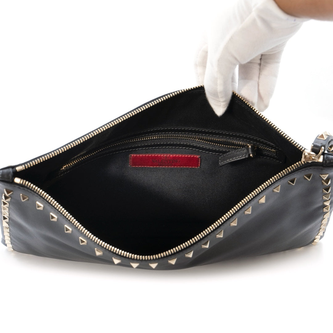 Valentino Garavani Black Leather Rockstud Clutch with Gold-Tone Studs