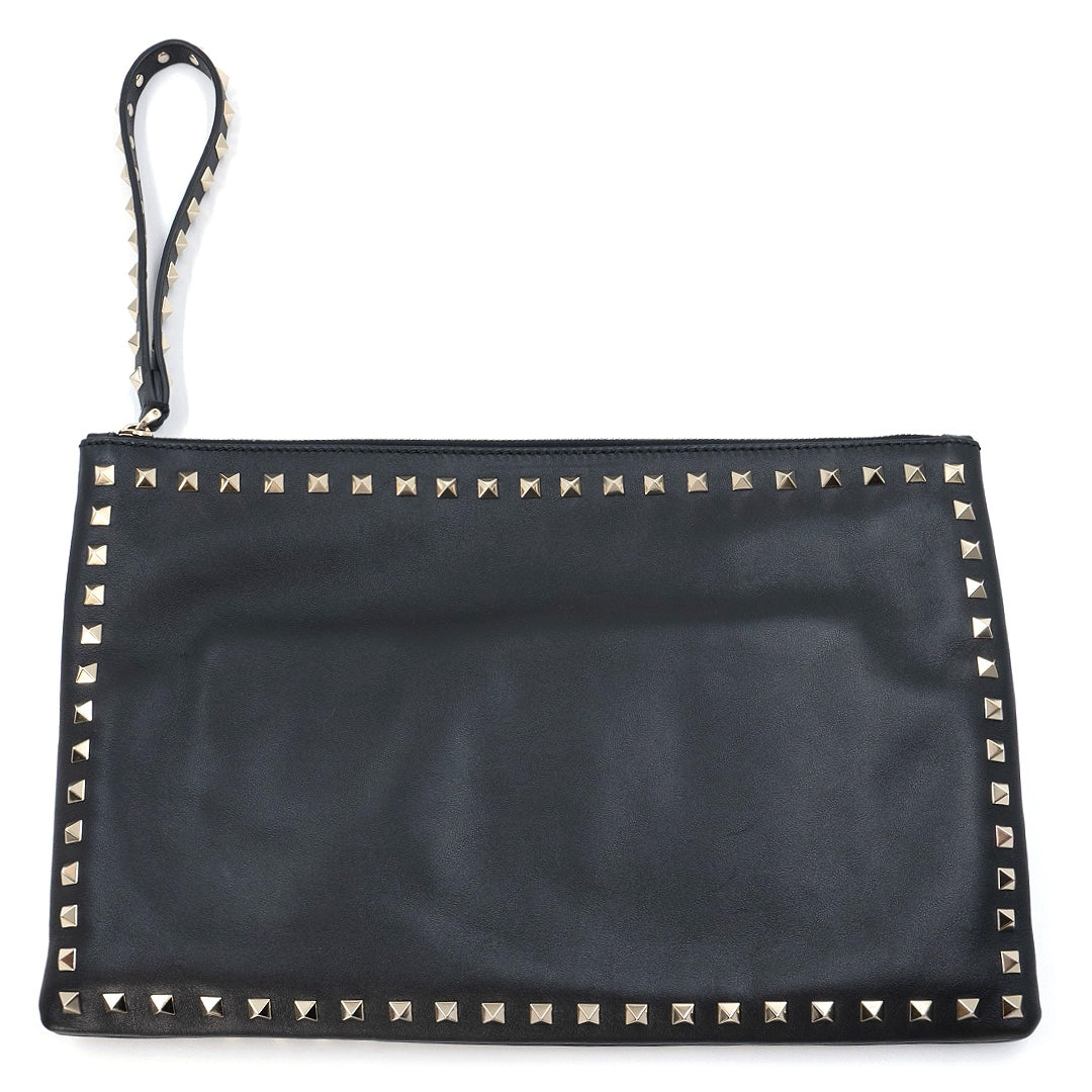 Valentino Garavani Black Leather Rockstud Clutch with Gold-Tone Studs