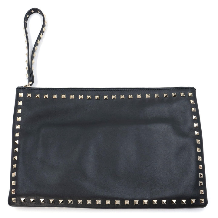 Valentino Garavani Black Leather Rockstud Clutch with Gold-Tone Studs