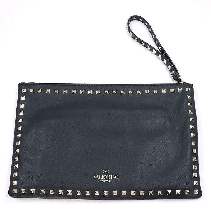 Valentino Garavani Black Leather Rockstud Clutch with Gold-Tone Studs