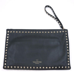 Valentino Garavani Black Leather Rockstud Clutch with Gold-Tone Studs