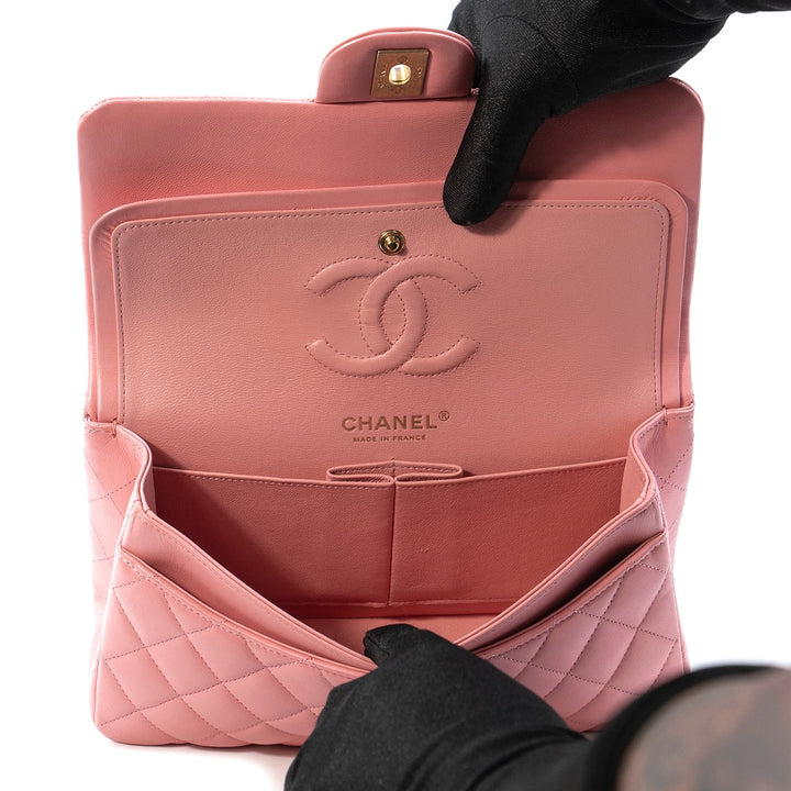 Chanel Small Classic Double Flap Bag in Coral Pink Lambskin Leather with Gold-tone Hardware