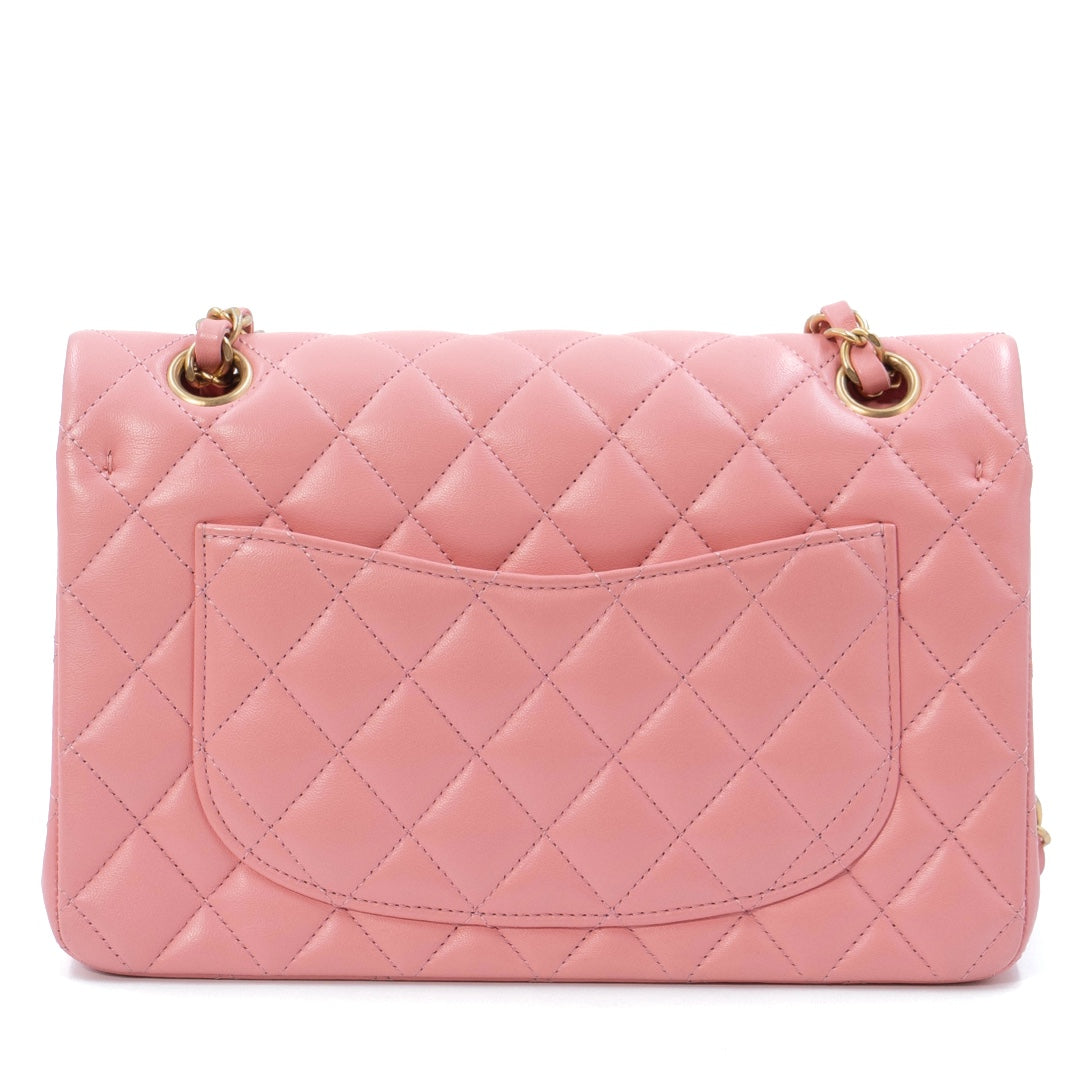 Chanel Small Classic Double Flap Bag in Coral Pink Lambskin Leather with Gold-tone Hardware