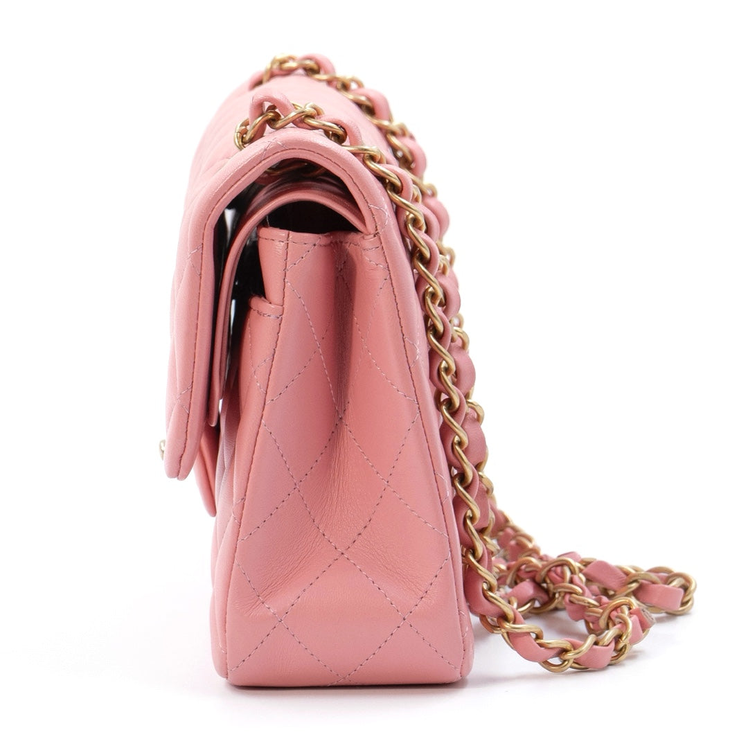 Chanel Small Classic Double Flap Bag in Coral Pink Lambskin Leather with Gold-tone Hardware
