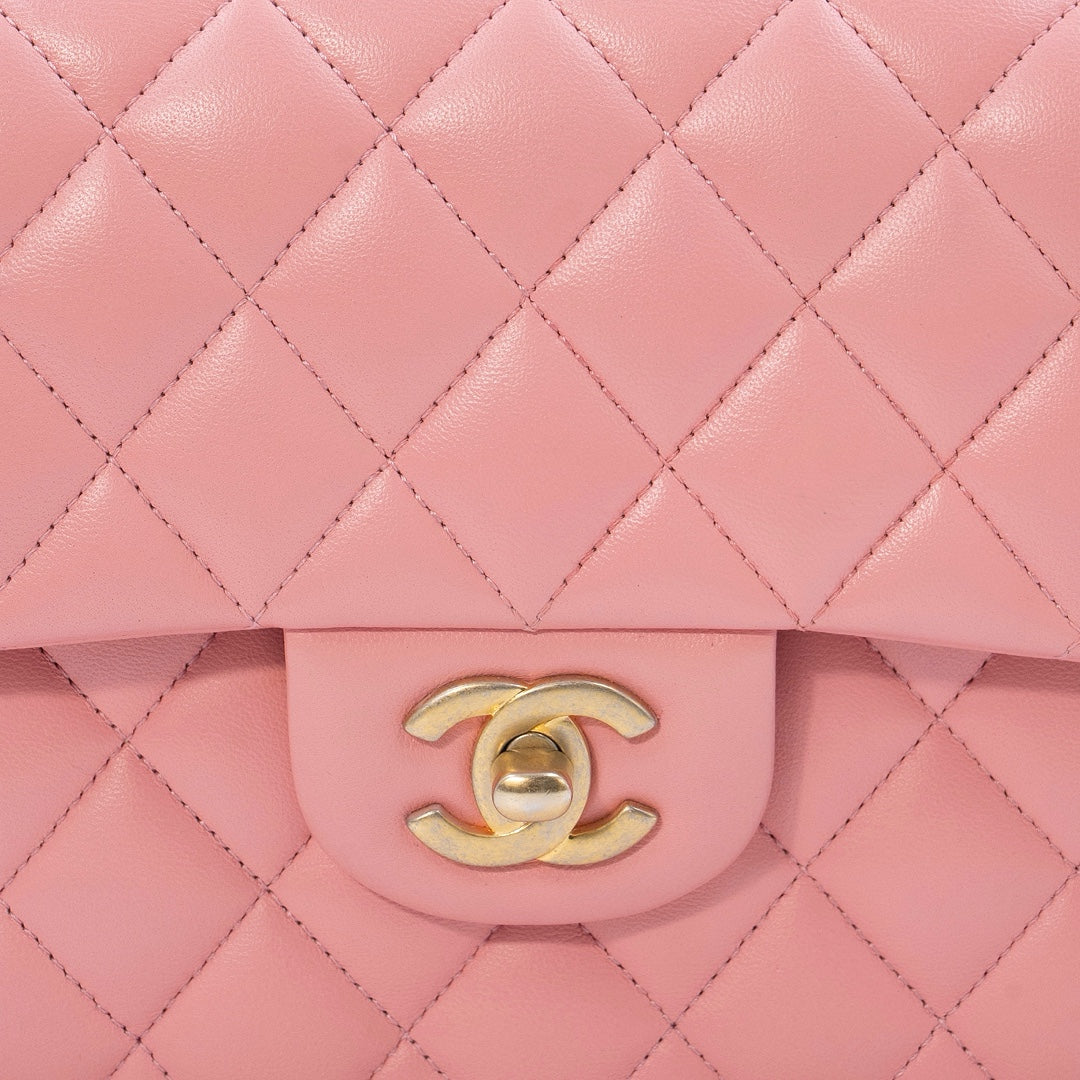 Chanel Small Classic Double Flap Bag in Coral Pink Lambskin Leather with Gold-tone Hardware