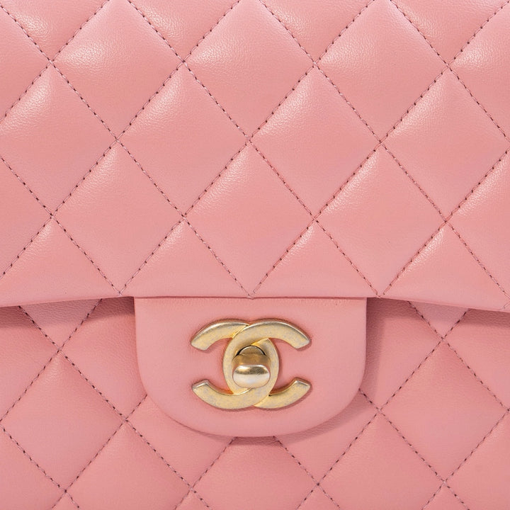 Chanel Small Classic Double Flap Bag in Coral Pink Lambskin Leather with Gold-tone Hardware