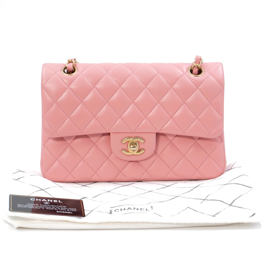 Chanel Small Classic Double Flap Bag in Coral Pink Lambskin Leather with Gold-tone Hardware