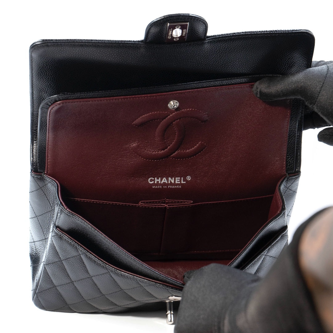 Chanel Medium Classic Double Flap Bag in Black Caviar Leather with Silver Hardware