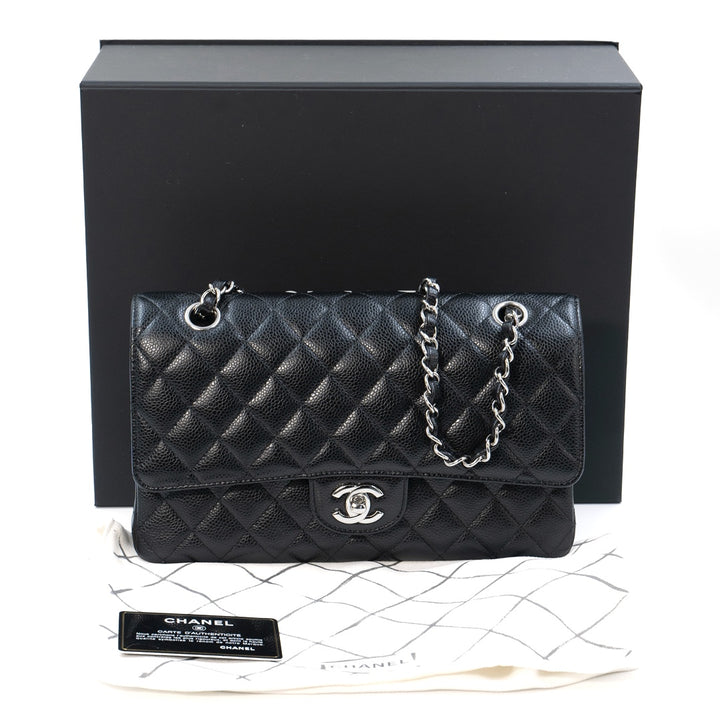 Chanel Medium Classic Double Flap Bag in Black Caviar Leather with Silver Hardware