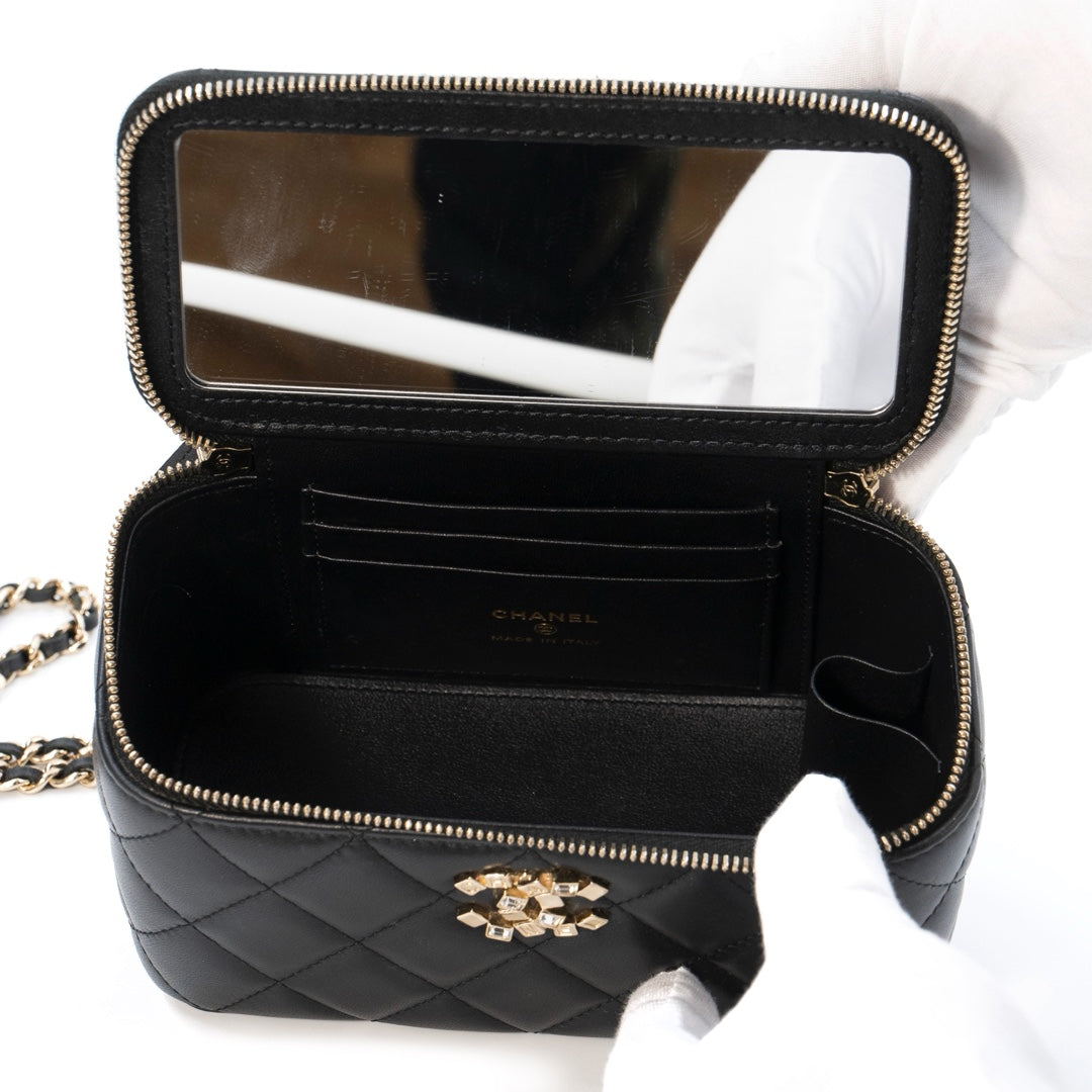 Chanel Small Quilted Leather Vanity Case Bag with Top Handle & Chain