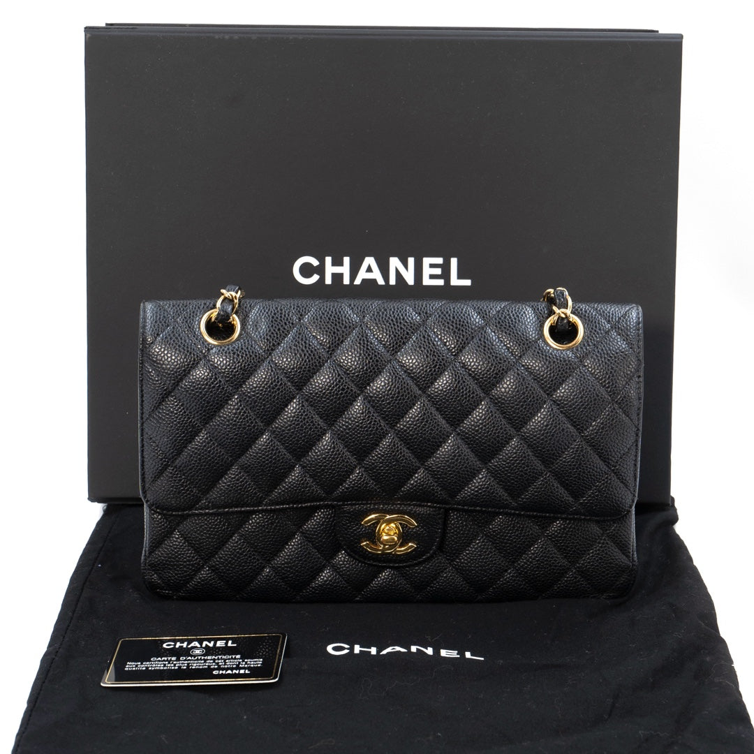 Chanel Medium Classic Double Flap Bag in Black Caviar Leather with Gold Hardware