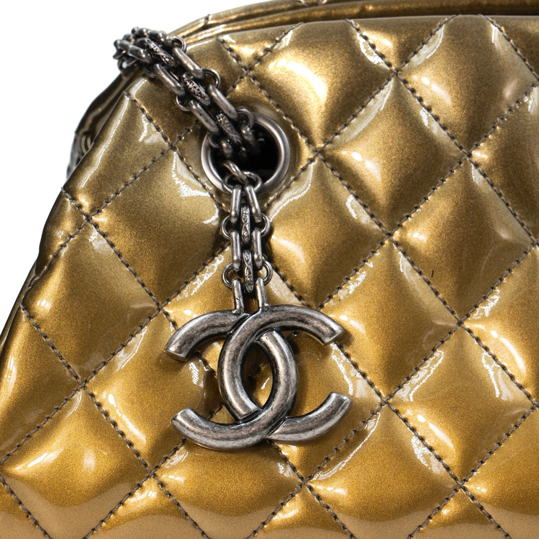 Chanel Gold Ombre Quilted Patent Leather Just Mademoiselle Bowling Bag