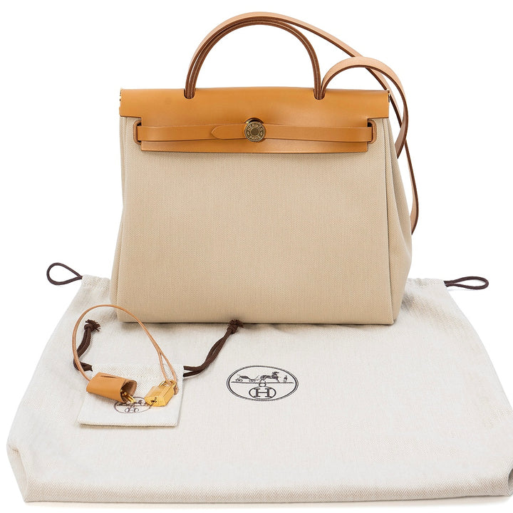 Hermès Herbag 31 Military Canvas / Béton Leather with Gold Hardware