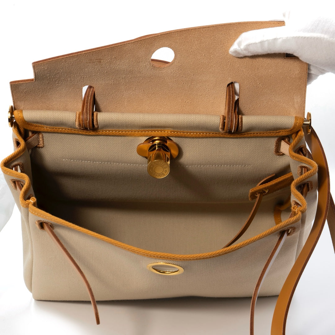 Hermès Herbag 31 Military Canvas / Béton Leather with Gold Hardware