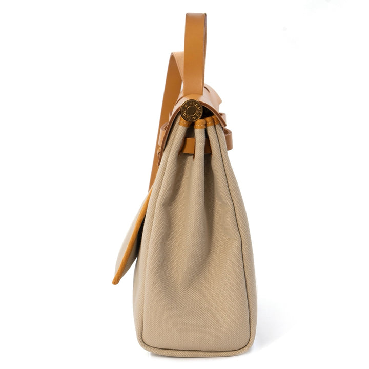Hermès Herbag 31 Military Canvas / Béton Leather with Gold Hardware